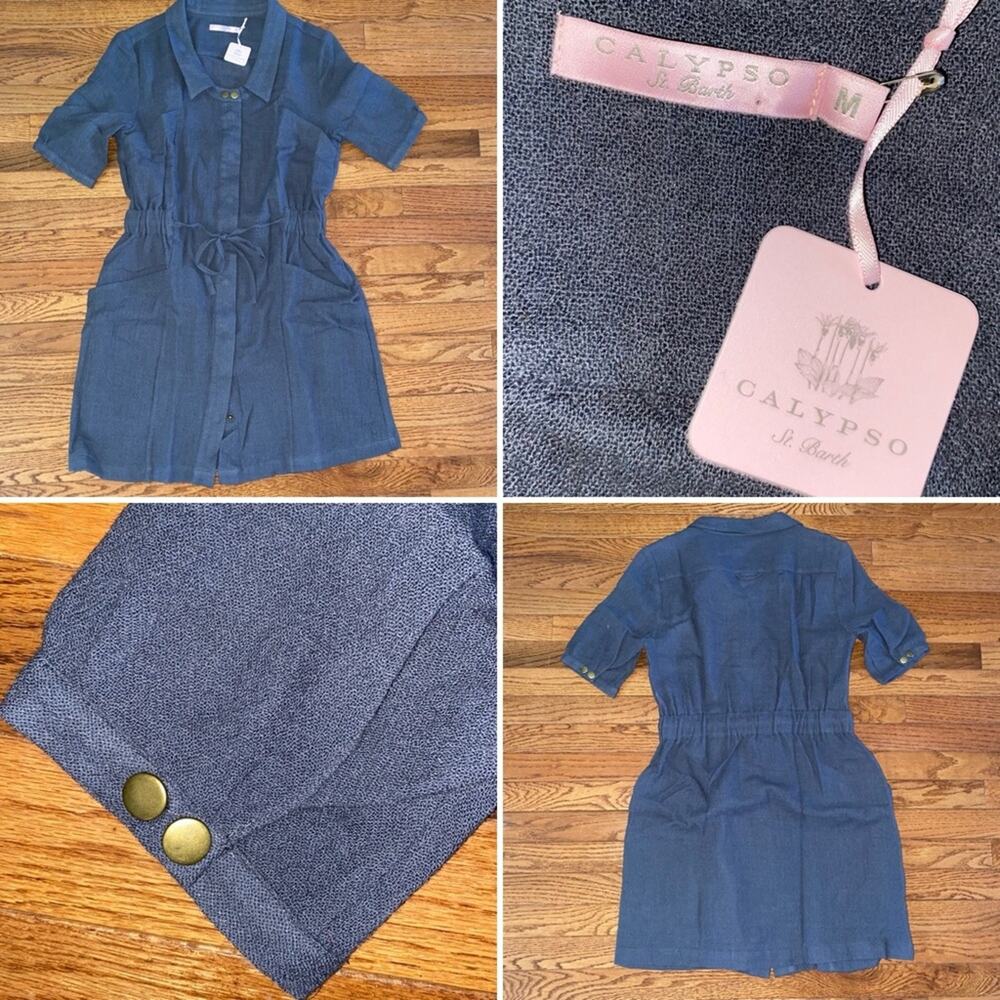 New Calypso St Barth $350 Gray Linen Snap Front Dress MED